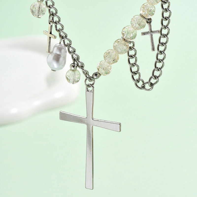 Casual Bohemian Beaded Asymmetric Cross Pendant Necklace for Women