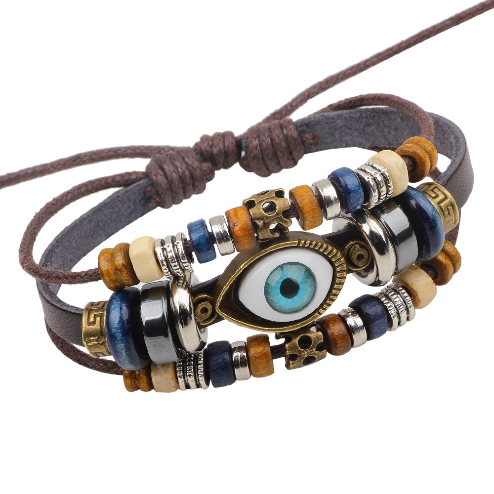 Casual Eye PU Leather Beaded Braid Unisex Cowhide Bracelets - Korean Fashion Retro Jewelry