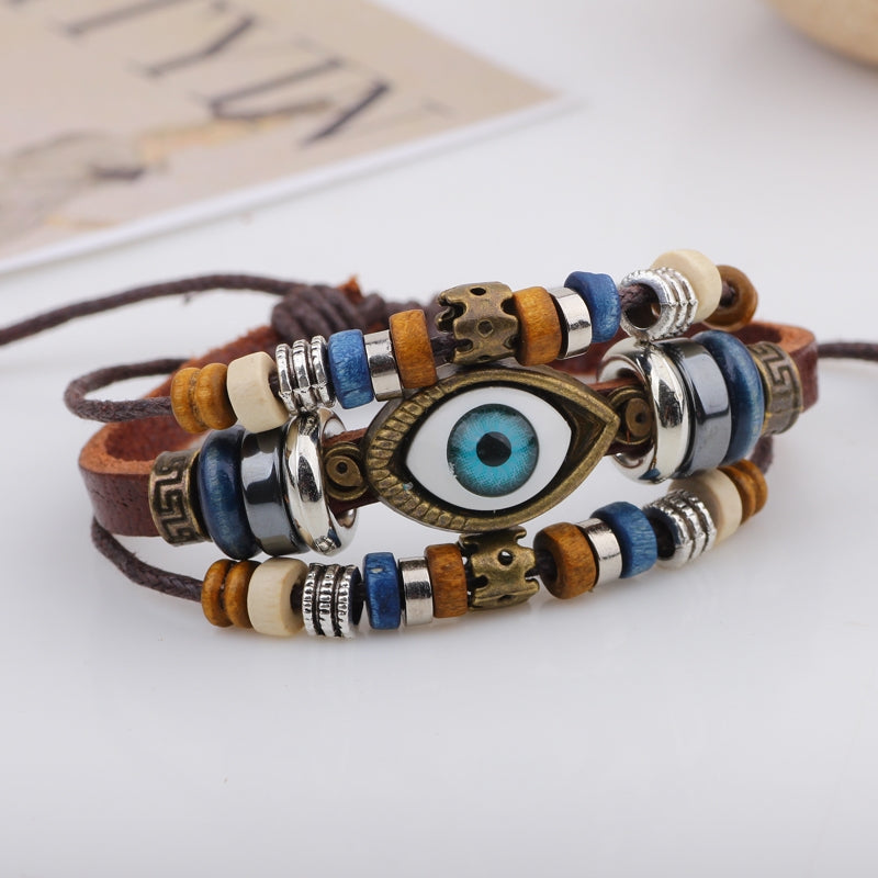 Casual Eye PU Leather Beaded Braid Unisex Cowhide Bracelets - Korean Fashion Retro Jewelry