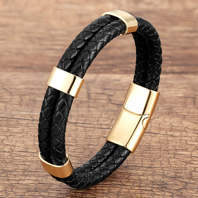 Geometric Color Block Leather Rope Men's Bracelet with Stainless Steel Buckle