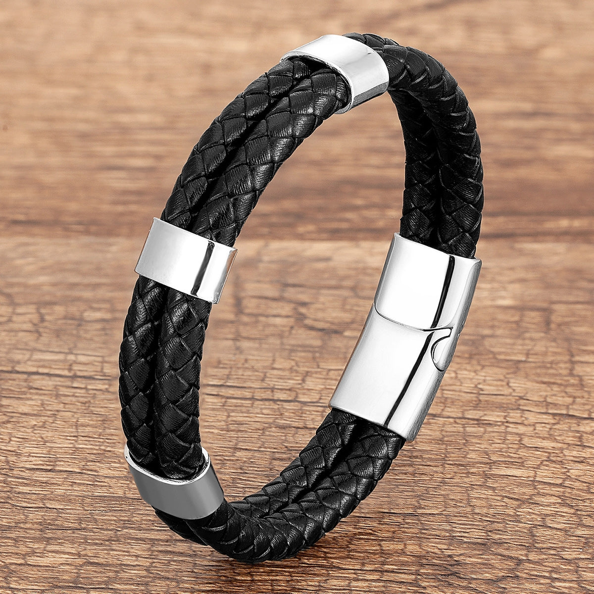 Geometric Color Block Leather Rope Men's Bracelet with Stainless Steel Buckle