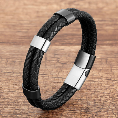 Geometric Color Block Leather Rope Men's Bracelet with Stainless Steel Buckle