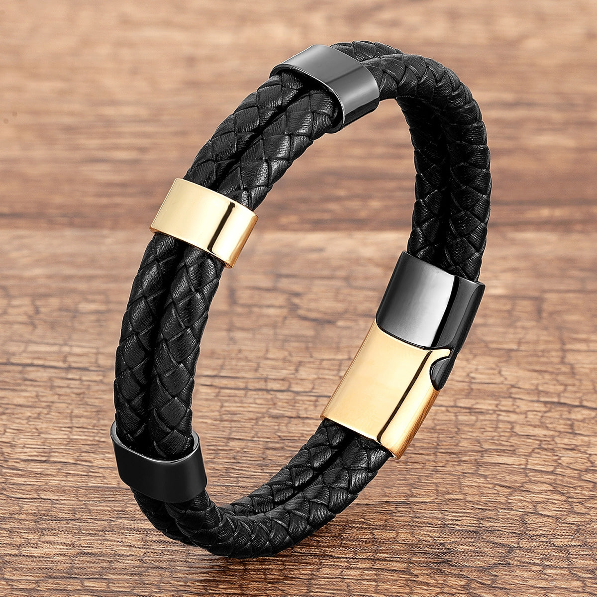 Geometric Color Block Leather Rope Men's Bracelet with Stainless Steel Buckle