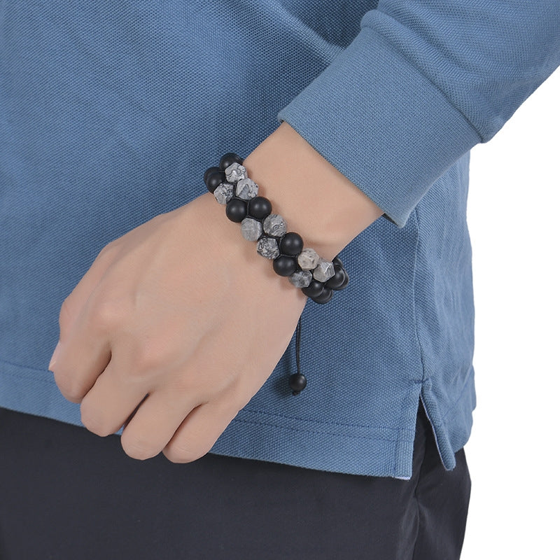 Geometric Natural Stone Lava Beaded Double Layer Bracelet for Men