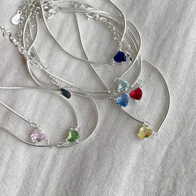 925 Sterling Silver Heart Gemstone Bracelet with Zircon and Snake Bone Chain