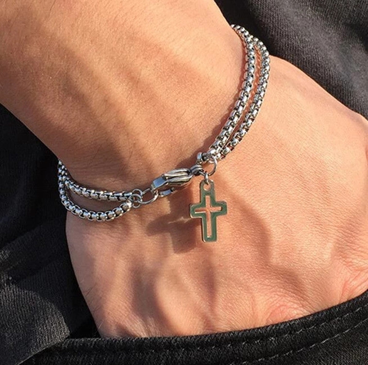 Casual Hip-hop Cross Double Chain Stainless Steel Men's Bracelet