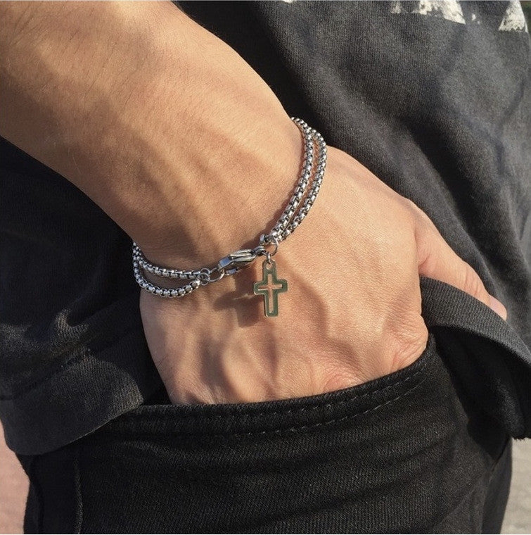 Casual Hip-hop Cross Double Chain Stainless Steel Men's Bracelet