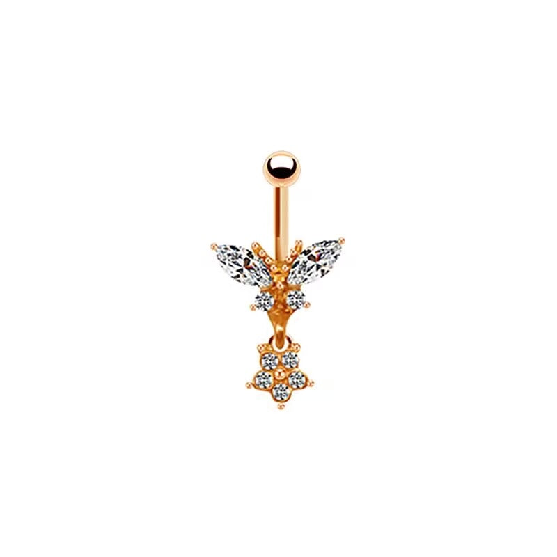 Rose Gold Plated Zircon Butterfly & Snowflake Belly Ring with Rhinestones