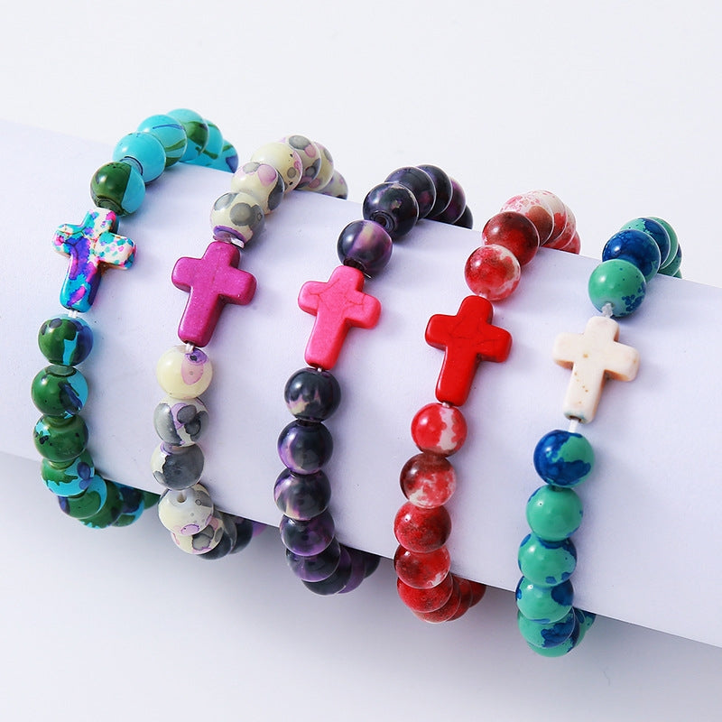 Unisex Retro Cross Beaded Bracelet with Colorful 8mm Artificial Crystal Beads