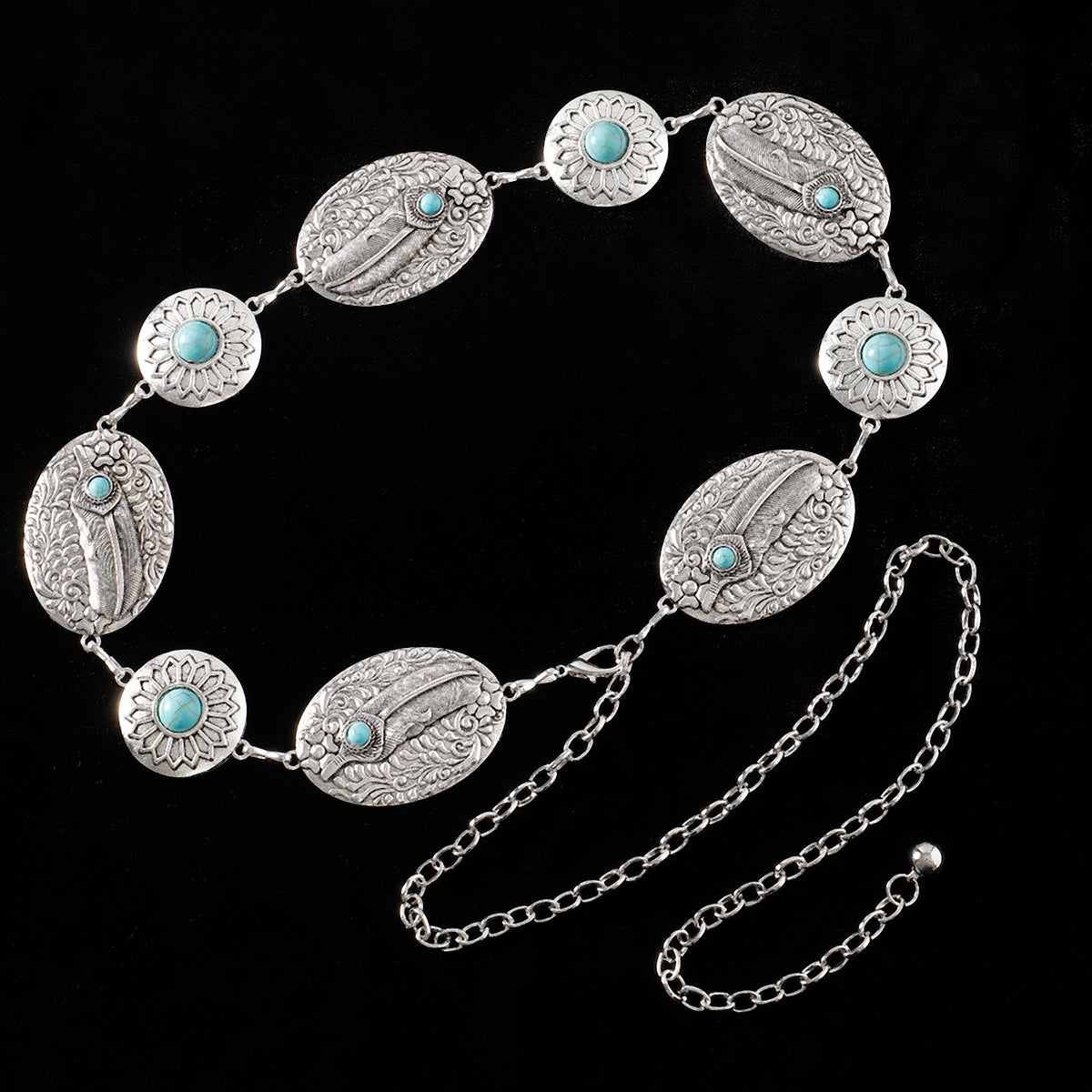 Casual Bohemian Oval Feather Flower Turquoise Inlay Women's Chain Belt