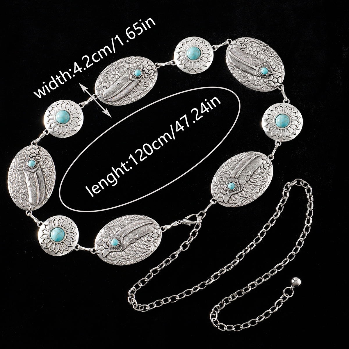 Casual Bohemian Oval Feather Flower Turquoise Inlay Women's Chain Belt