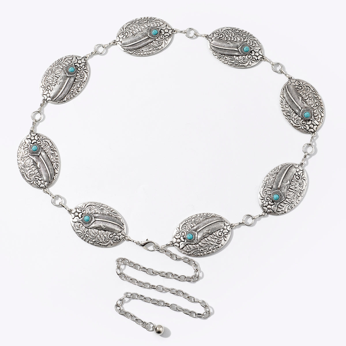 Casual Bohemian Oval Feather Flower Turquoise Inlay Women's Chain Belt