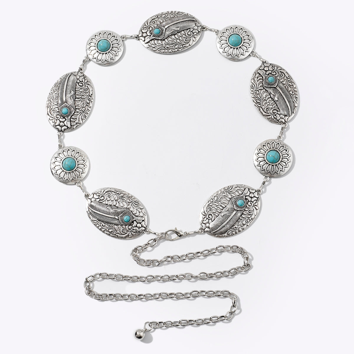 Casual Bohemian Oval Feather Flower Turquoise Inlay Women's Chain Belt