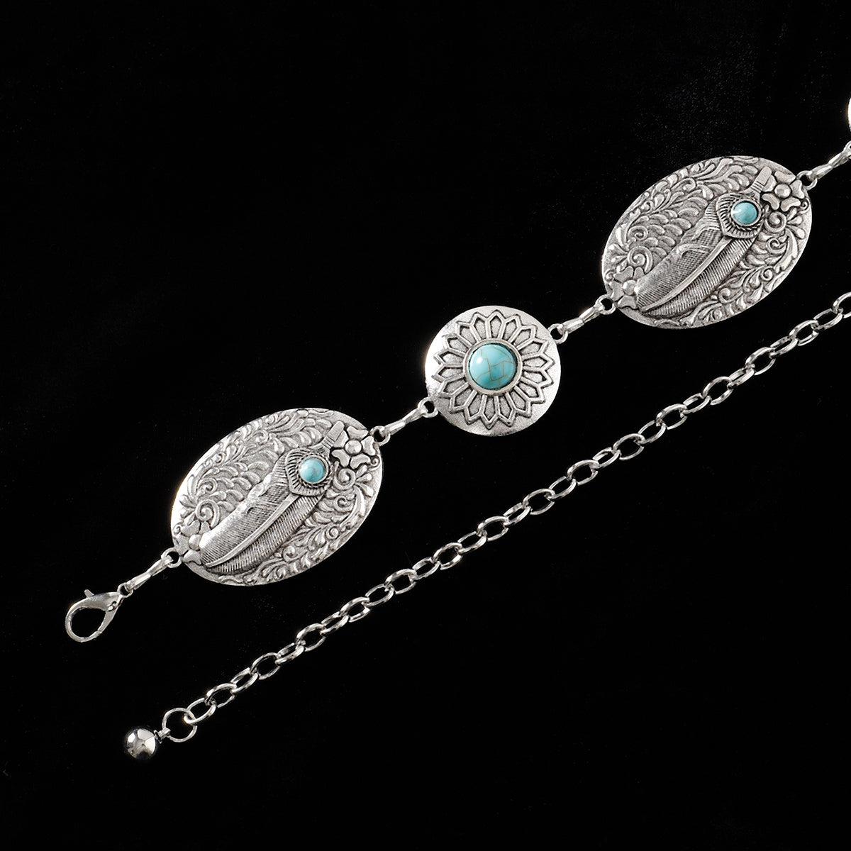 Casual Bohemian Oval Feather Flower Turquoise Inlay Women's Chain Belt