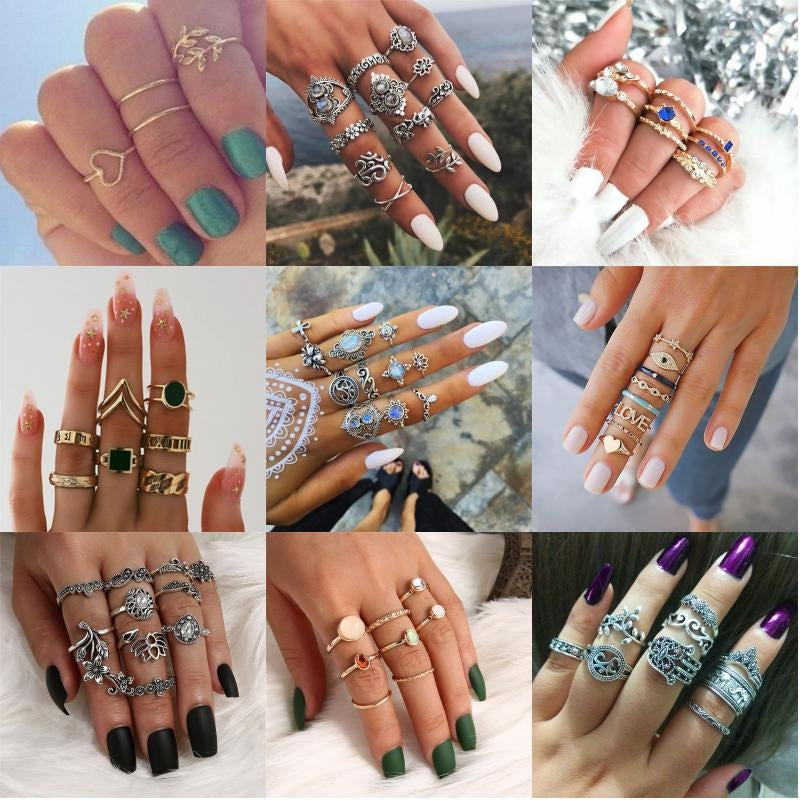 Bohemian Retro Punk Elephant Opal Crystal Midi Knuckle Ring Set for Women