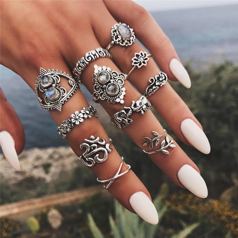 Bohemian Retro Punk Elephant Opal Crystal Midi Knuckle Ring Set for Women