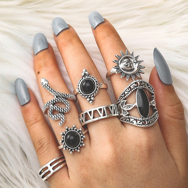 Vintage Bohemian Lotus Gemstone Silver Plated Women's Ring Set - 8 Piece Open Rings with Turquoise and Artificial Diamonds