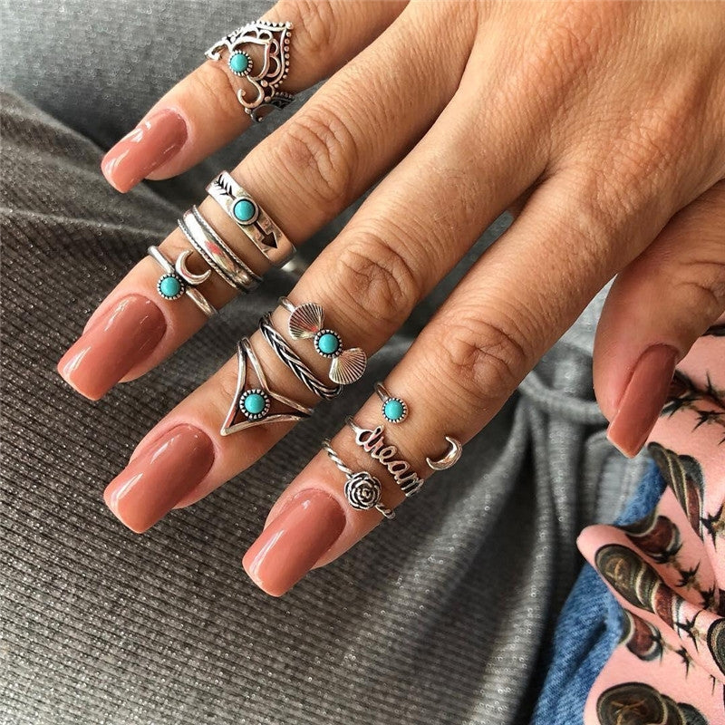 Vintage Bohemian Lotus Gemstone Silver Plated Women's Ring Set - 8 Piece Open Rings with Turquoise and Artificial Diamonds