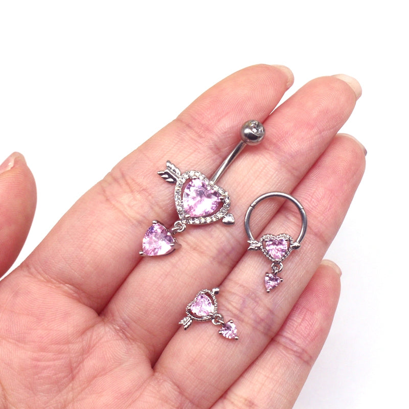 Casual Heart Shape Zircon Inlay Stainless Steel Belly Ring and Nose Studs