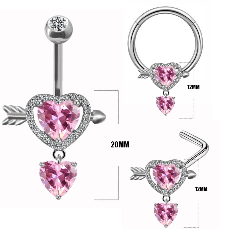 Casual Heart Shape Zircon Inlay Stainless Steel Belly Ring and Nose Studs