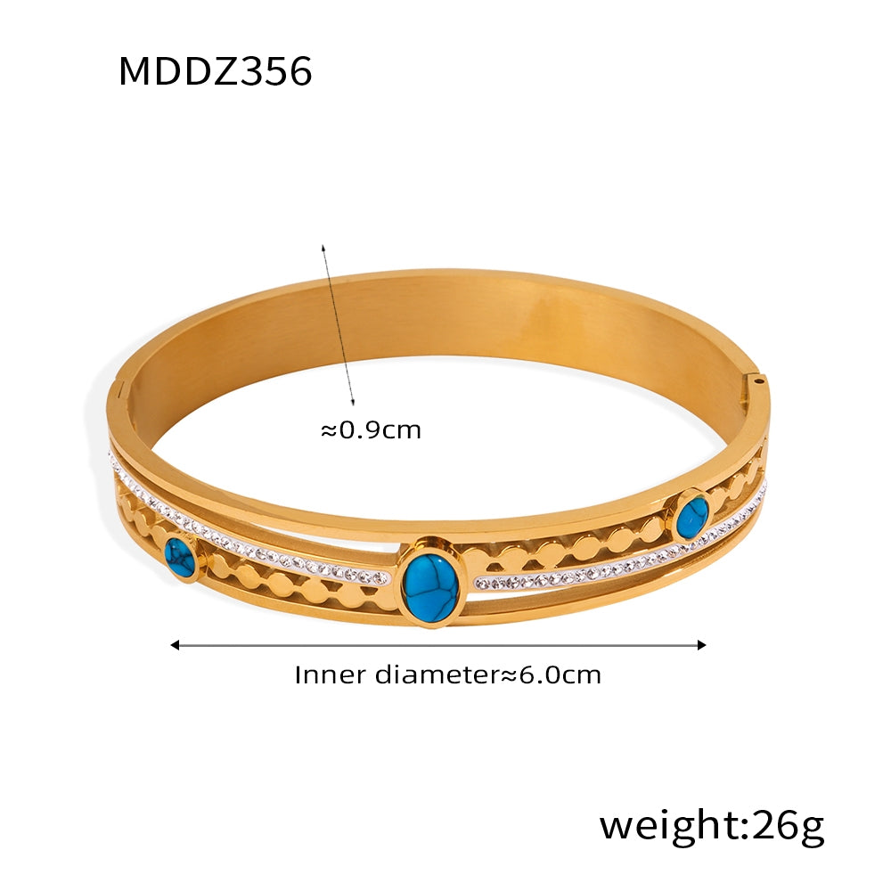 Casual Retro Palace Style Turquoise Rhinestone Gold-Plated Titanium Steel Bangle Bracelet