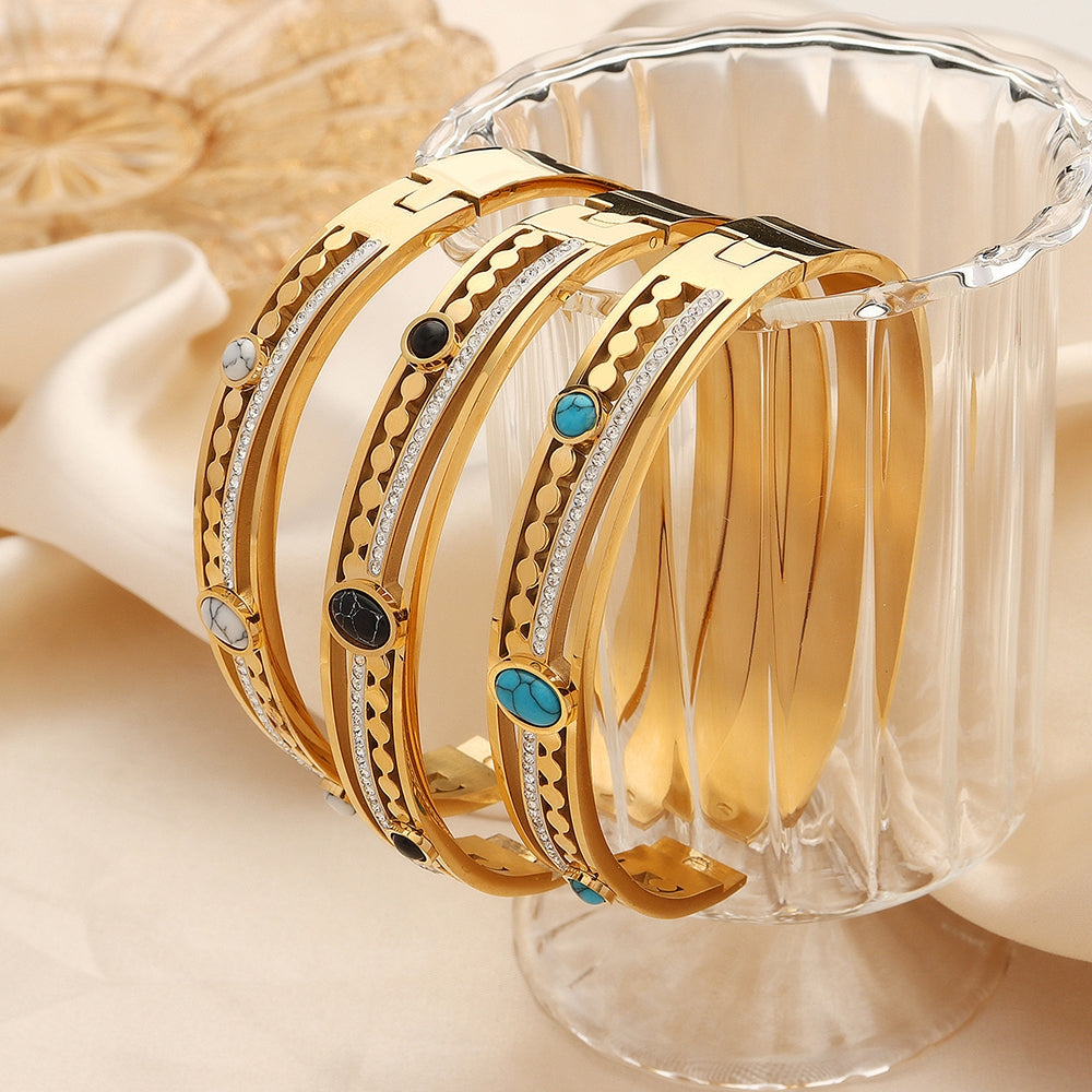 Casual Retro Palace Style Turquoise Rhinestone Gold-Plated Titanium Steel Bangle Bracelet