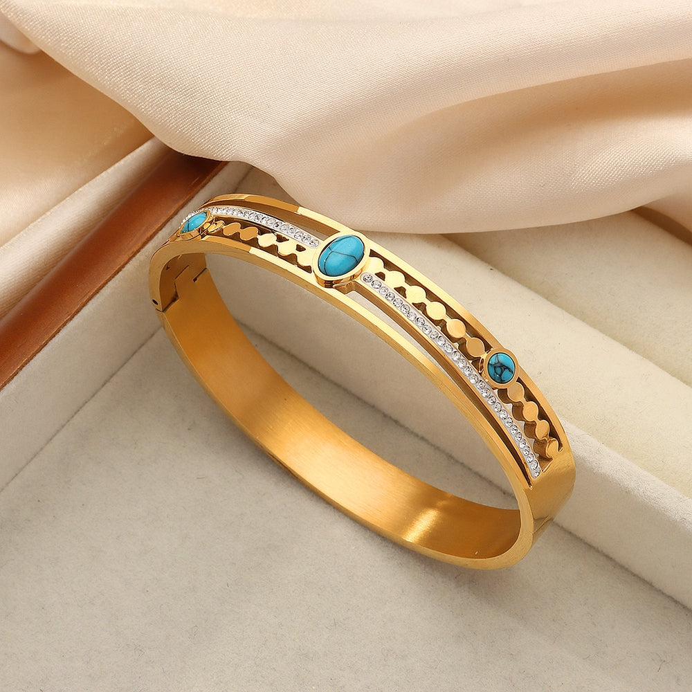 Casual Retro Palace Style Turquoise Rhinestone Gold-Plated Titanium Steel Bangle Bracelet