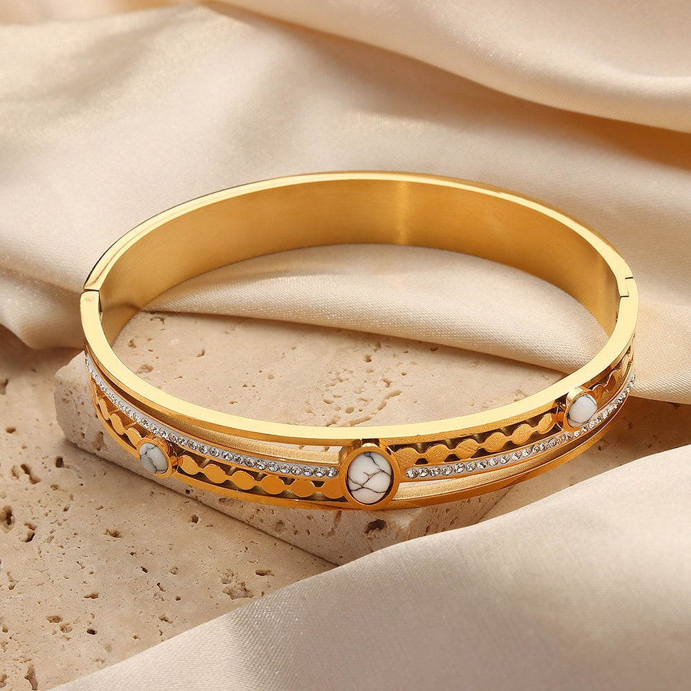 Casual Retro Palace Style Turquoise Rhinestone Gold-Plated Titanium Steel Bangle Bracelet