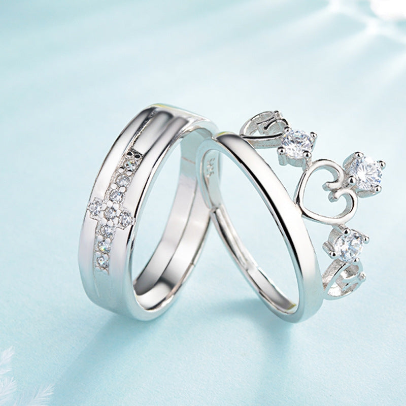 Casual Heart Crown Zircon Couple Open Ring Set