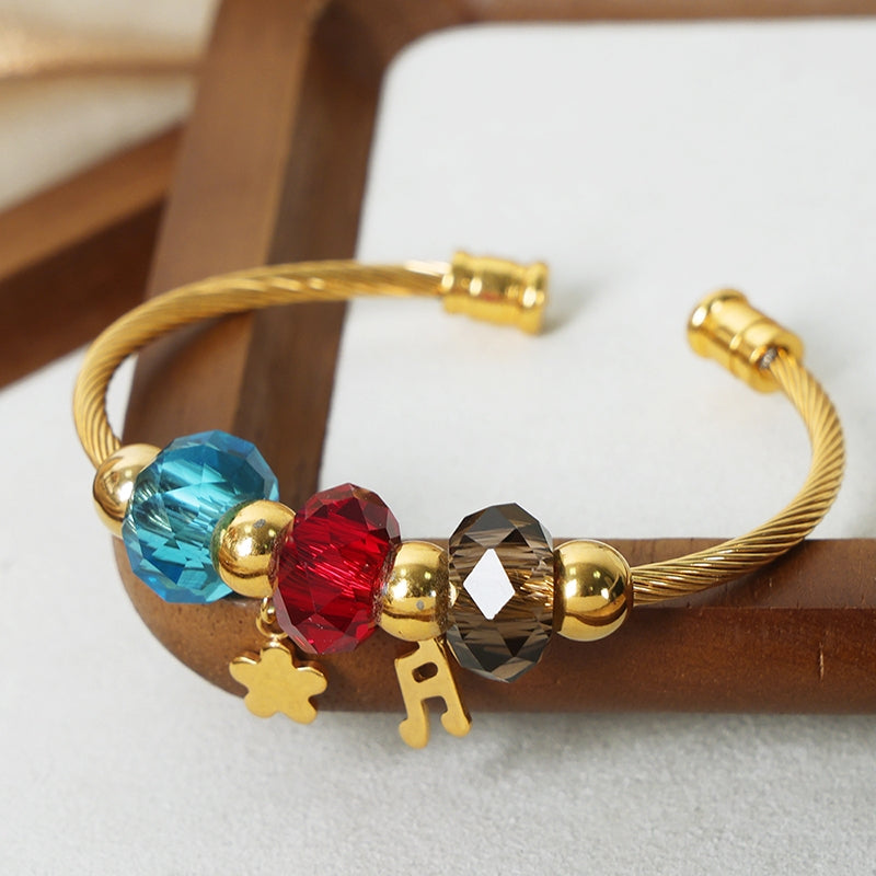 Casual Minimalist Multi-Color Crystal Beaded Titanium Steel 18K Gold Plated Open Bangle