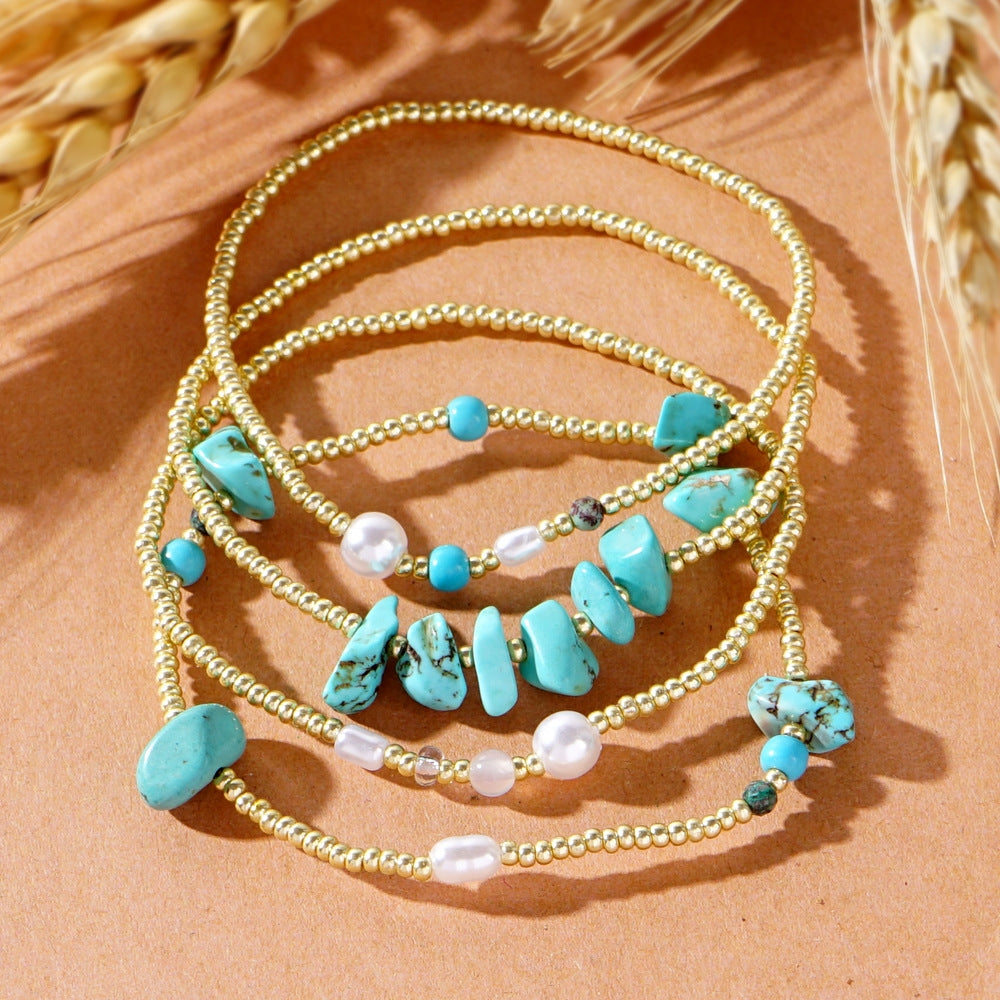 Casual Geometric Pearl & Turquoise Bead Stacked Bracelet Set - Women's Summer Jewelry 2024