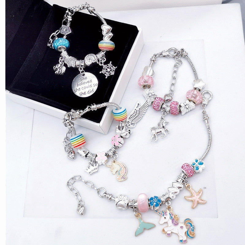 Casual Geometric Letter and Unicorn Beaded Children's Bracelet Set