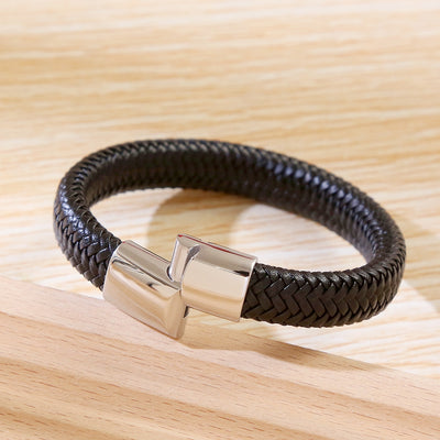 Casual Geometric Stainless Steel Leather Men's Braid Bracelet with Magnetic Buckle