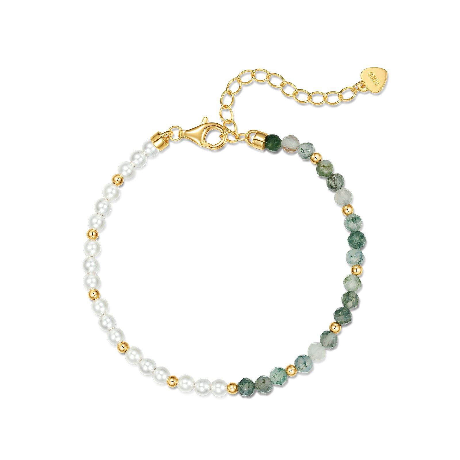 Geometric Sterling Silver Green Moss Stone and Pearl Bracelet - European and American Simple Style