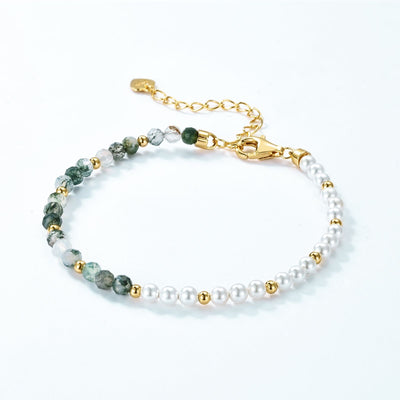 Geometric Sterling Silver Green Moss Stone and Pearl Bracelet - European and American Simple Style