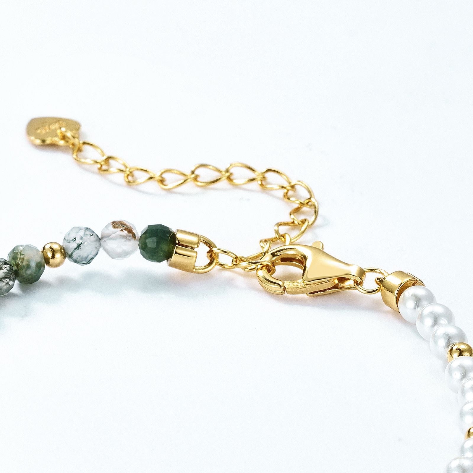 Geometric Sterling Silver Green Moss Stone and Pearl Bracelet - European and American Simple Style