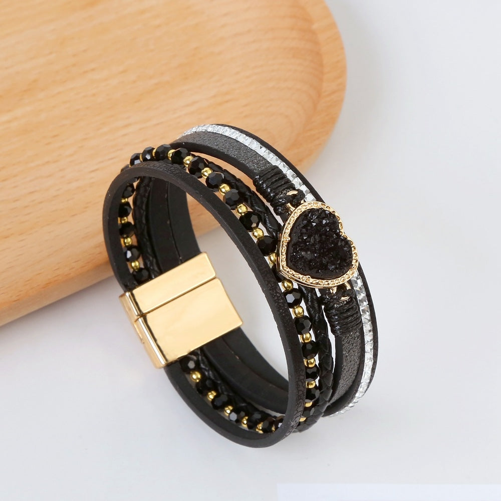 Casual Heart Shape PU Leather Rhinestone Women's Bracelet