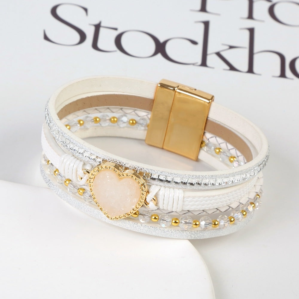 Casual Heart Shape PU Leather Rhinestone Women's Bracelet