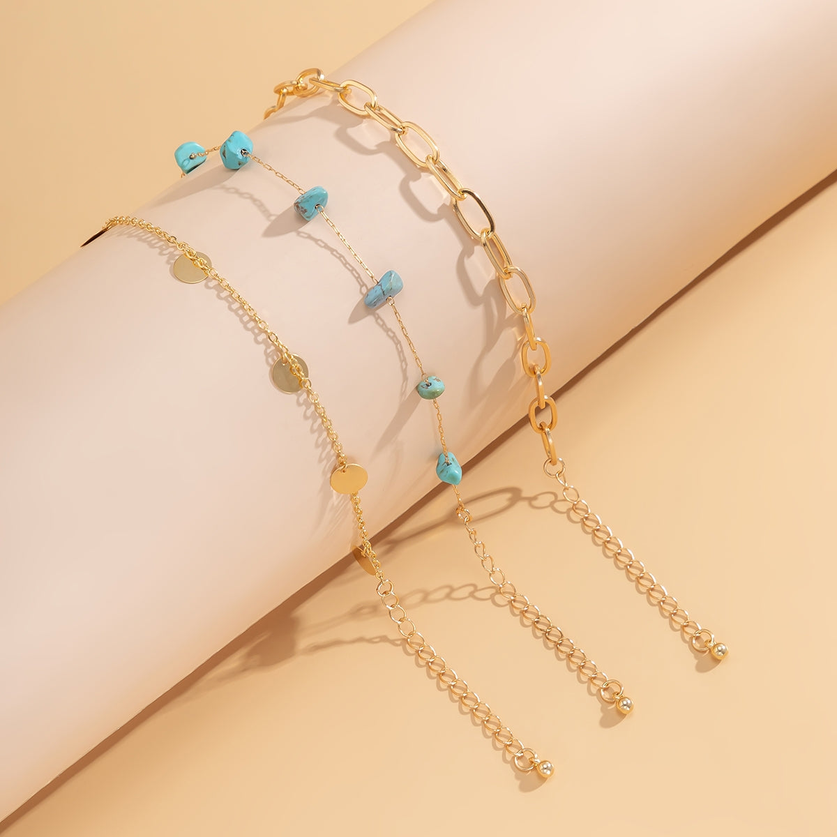 Casual Irregular Turquoise Copper Anklet with Star Tassel and Faux Pearl Layered Design