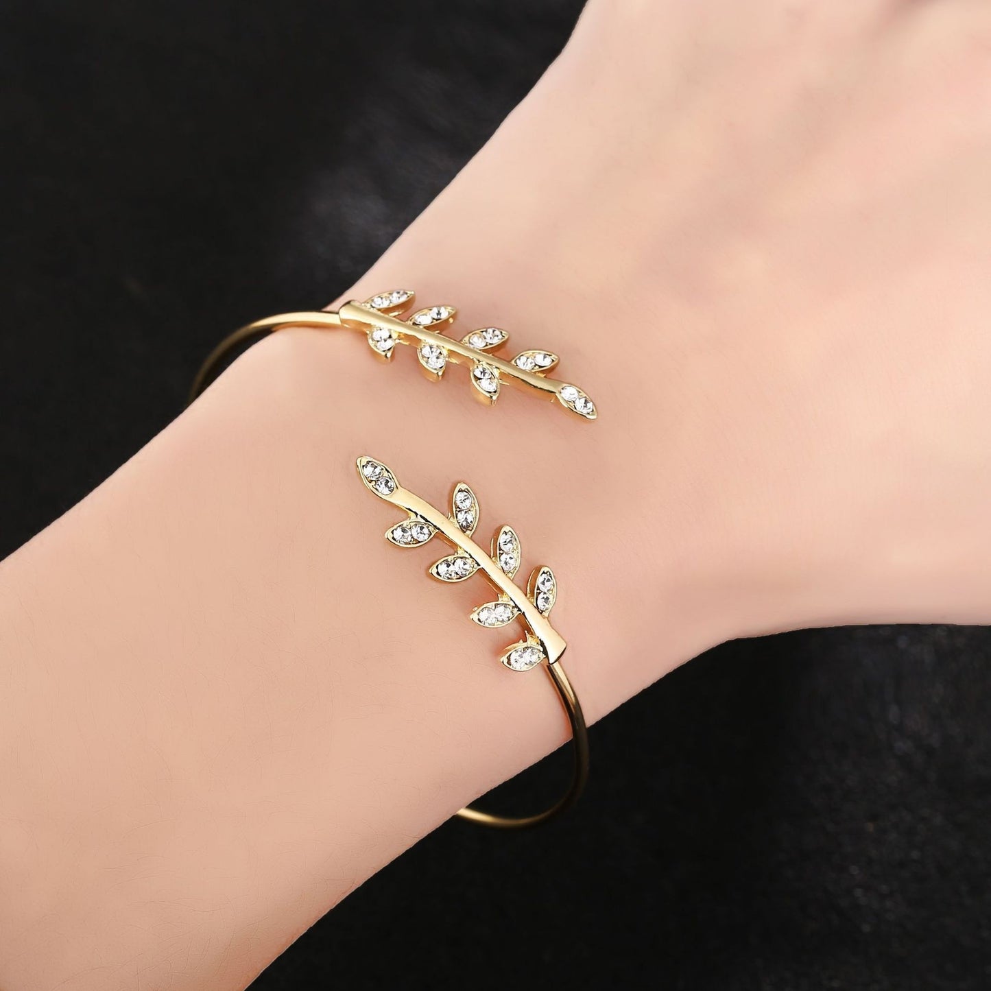 Casual Leaf Rhinestone Open Cuff Bracelet