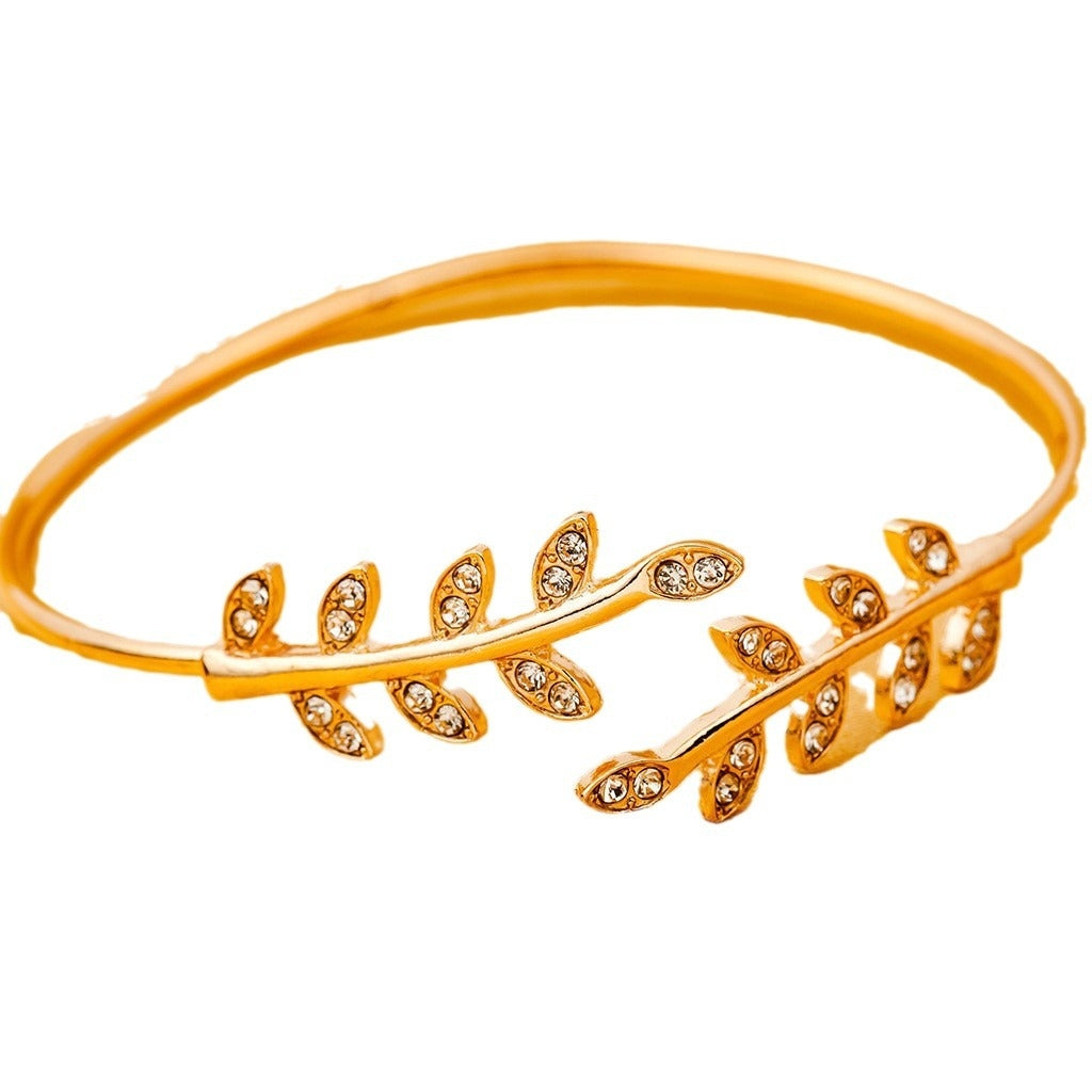 Casual Leaf Rhinestone Open Cuff Bracelet