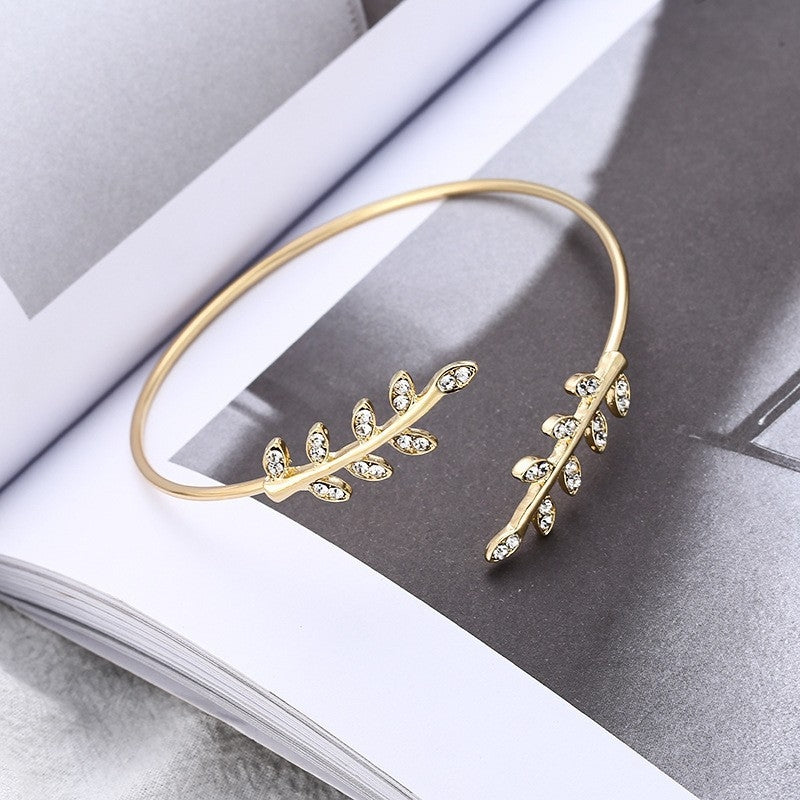 Casual Leaf Rhinestone Open Cuff Bracelet