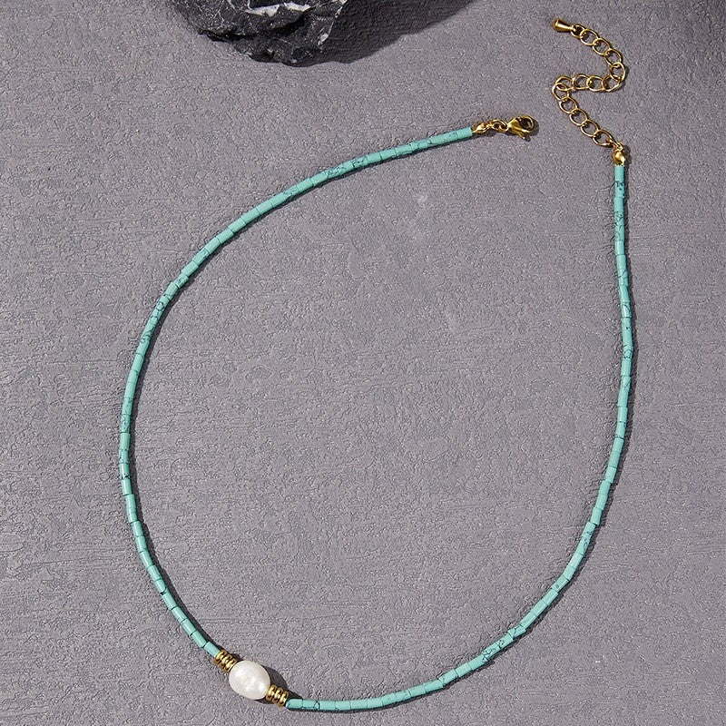 Casual Vintage Blue Turquoise Beaded Necklace with Freshwater Pearl and Natural Stone