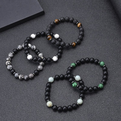 Unisex Natural Stone Beaded Bracelet - 8mm Black Lava & Frosted Stone Jewelry