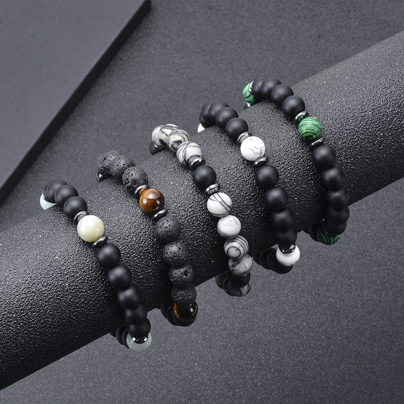 Unisex Natural Stone Beaded Bracelet - 8mm Black Lava & Frosted Stone Jewelry