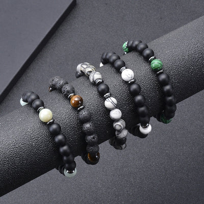 Unisex Natural Stone Beaded Bracelet - 8mm Black Lava & Frosted Stone Jewelry