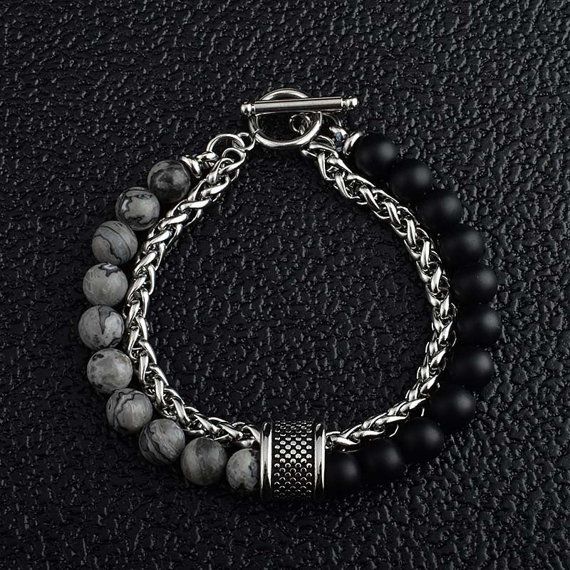 Casual Stainless Steel Matte Black Stone Beaded Men's Bracelet