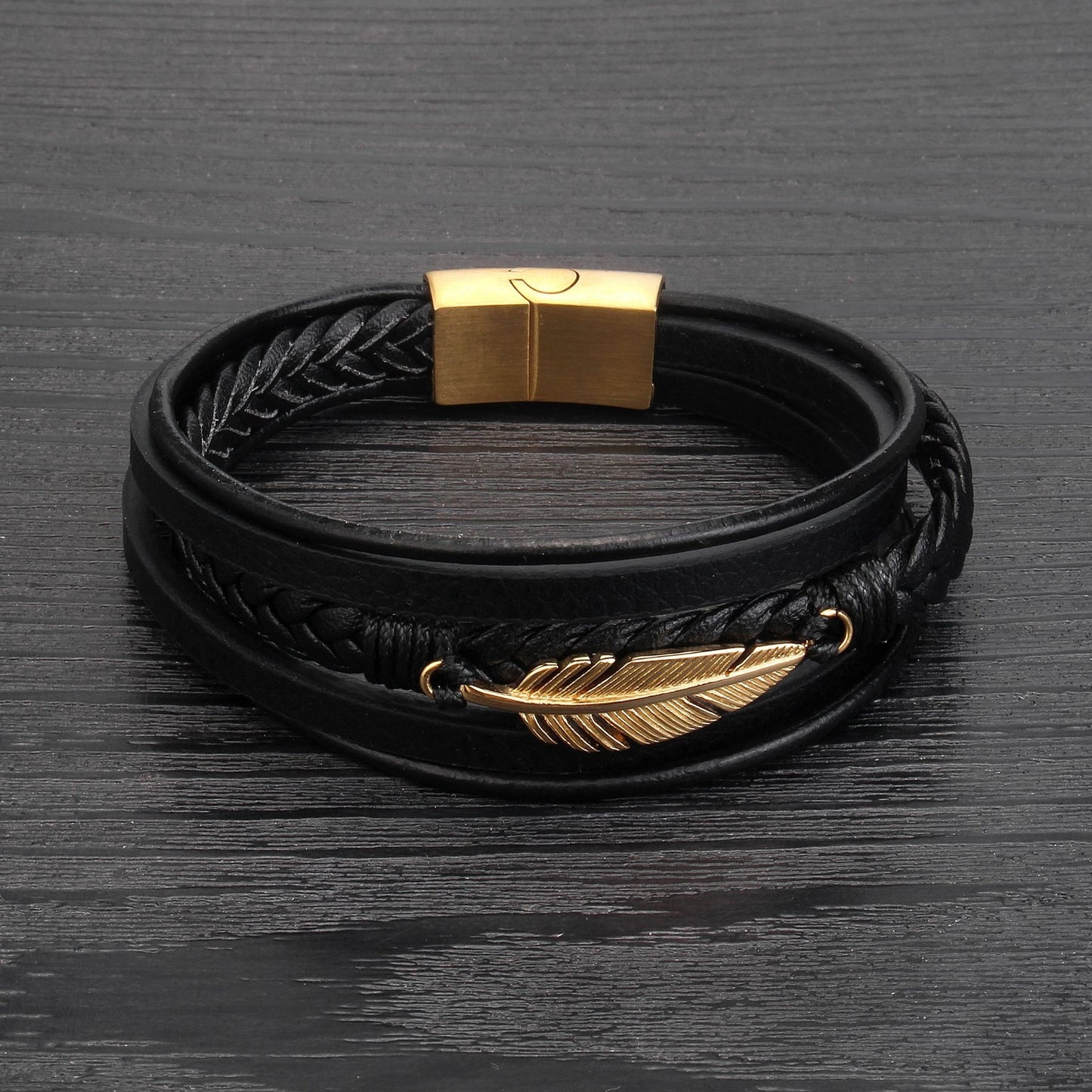 Casual Solid Color Stainless Steel and Multi-Loop Leather Men's Bracelet