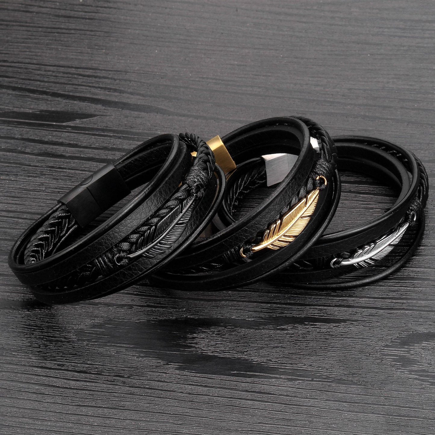 Casual Solid Color Stainless Steel and Multi-Loop Leather Men's Bracelet