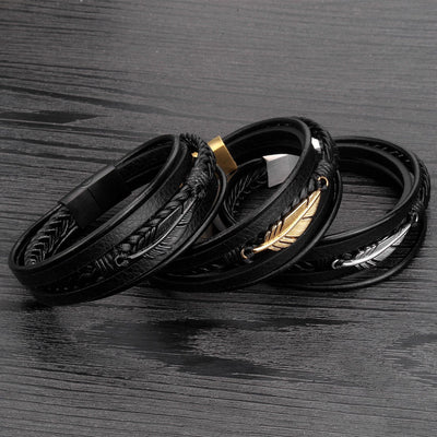 Casual Solid Color Stainless Steel and Multi-Loop Leather Men's Bracelet